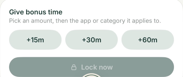 Give bonus time in Clann: pick +15m, +30m, or +60m, then the app or category it applies to, or Lock now