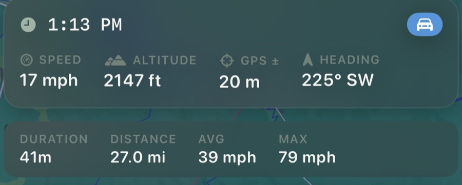 Trip replay stats in Clann: speed, altitude, GPS accuracy and heading at 1:13 PM; 41 minutes, 27 miles, 39 mph average, 79 mph max