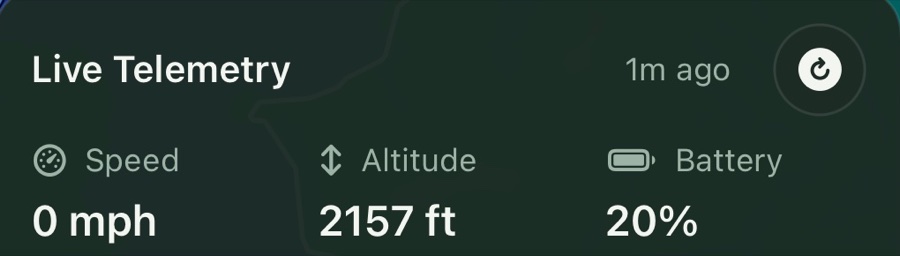 Live Telemetry card in Clann showing speed, altitude, and battery, updated a minute ago