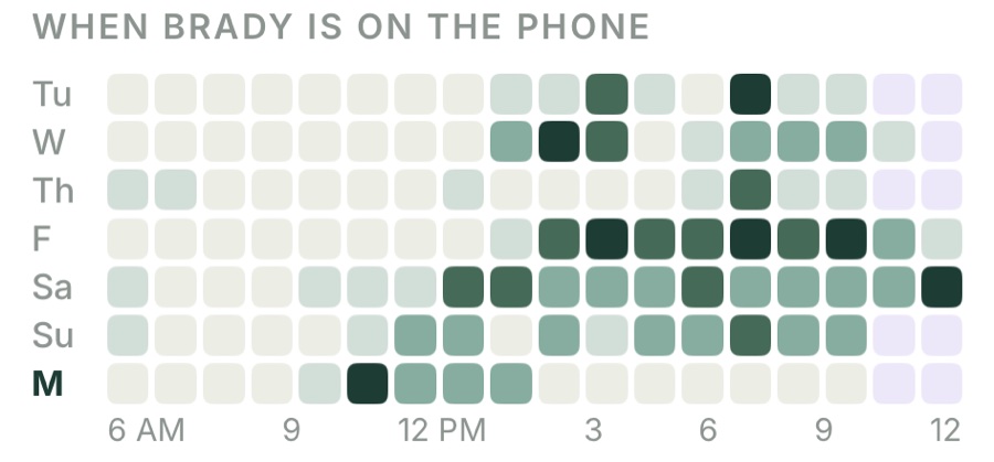 Week heatmap of when Brady is on the phone, hour by hour, Tuesday through Monday