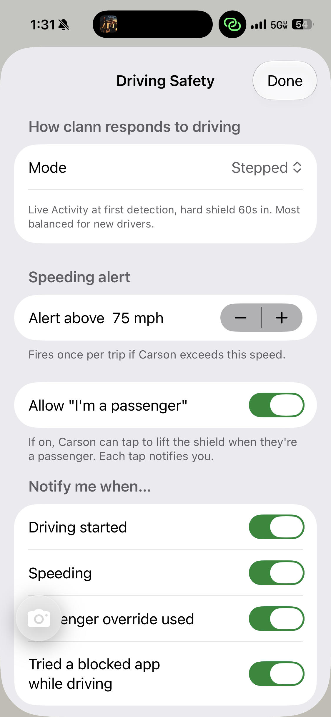 Clann driving safety settings