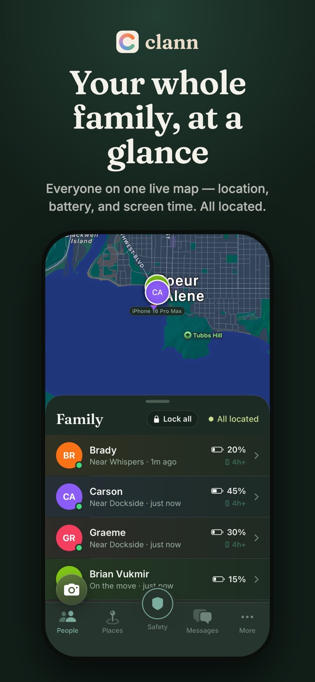 Your whole family, at a glance — everyone on one live map with location, battery, and screen time