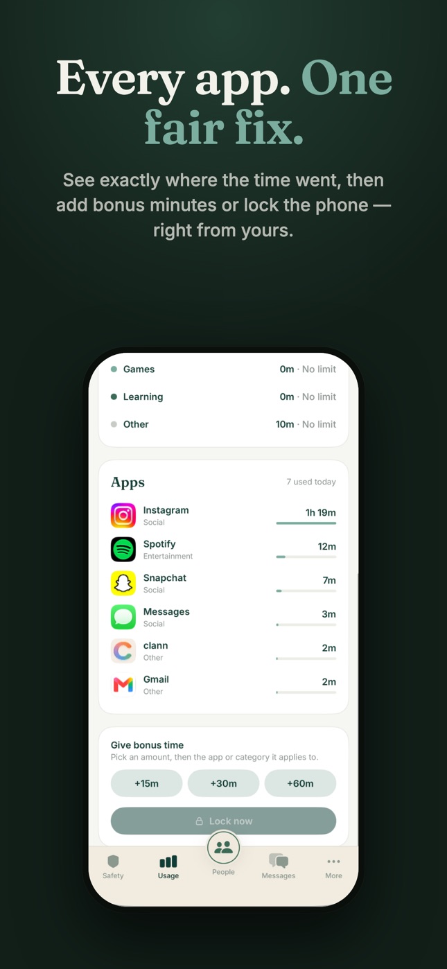 Every app, one fair fix — see where the time went, then add bonus minutes or lock the phone