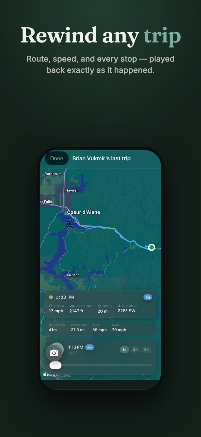 Rewind any trip — route, speed, and every stop played back
