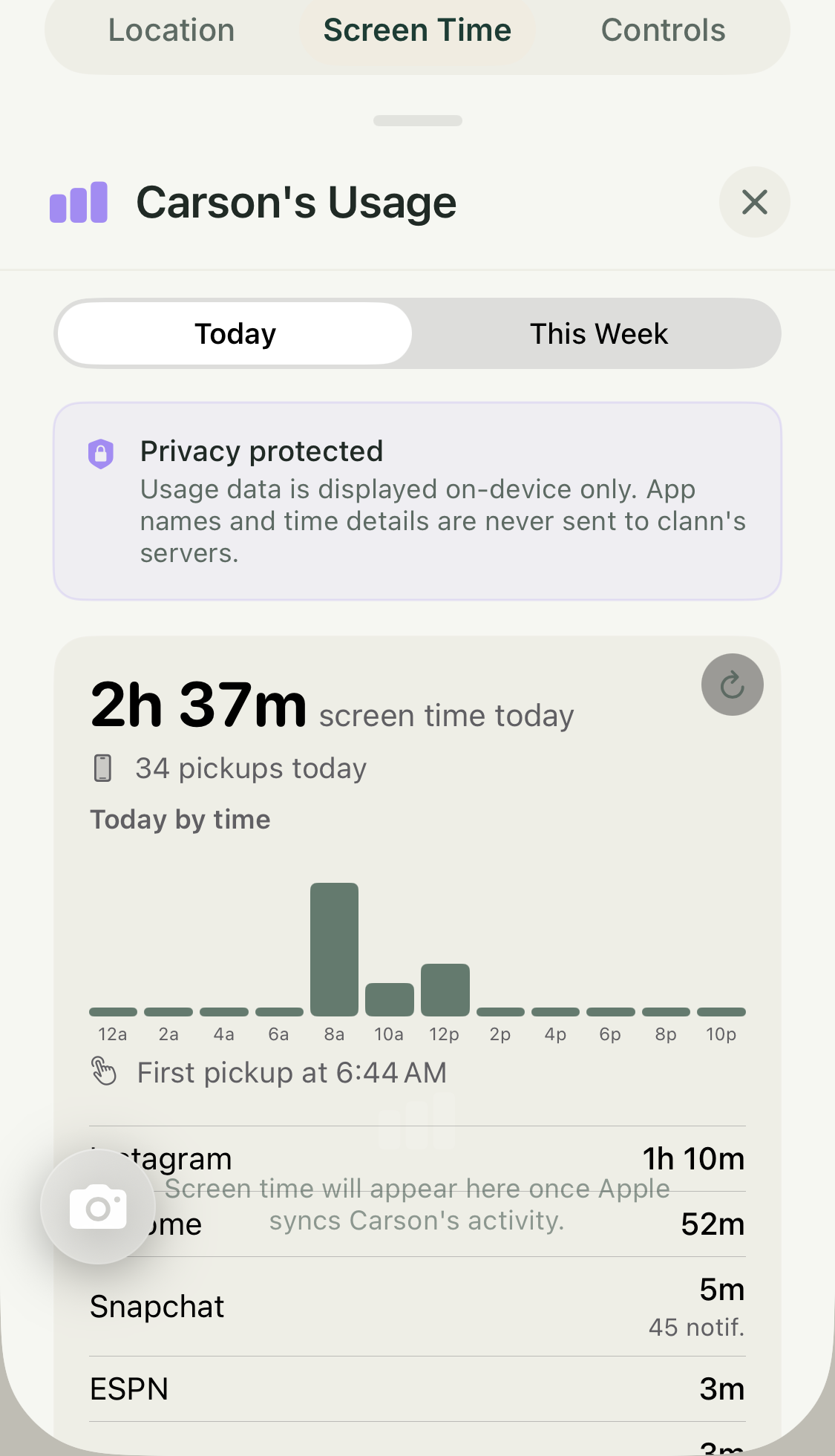 Clann Screen Time usage report